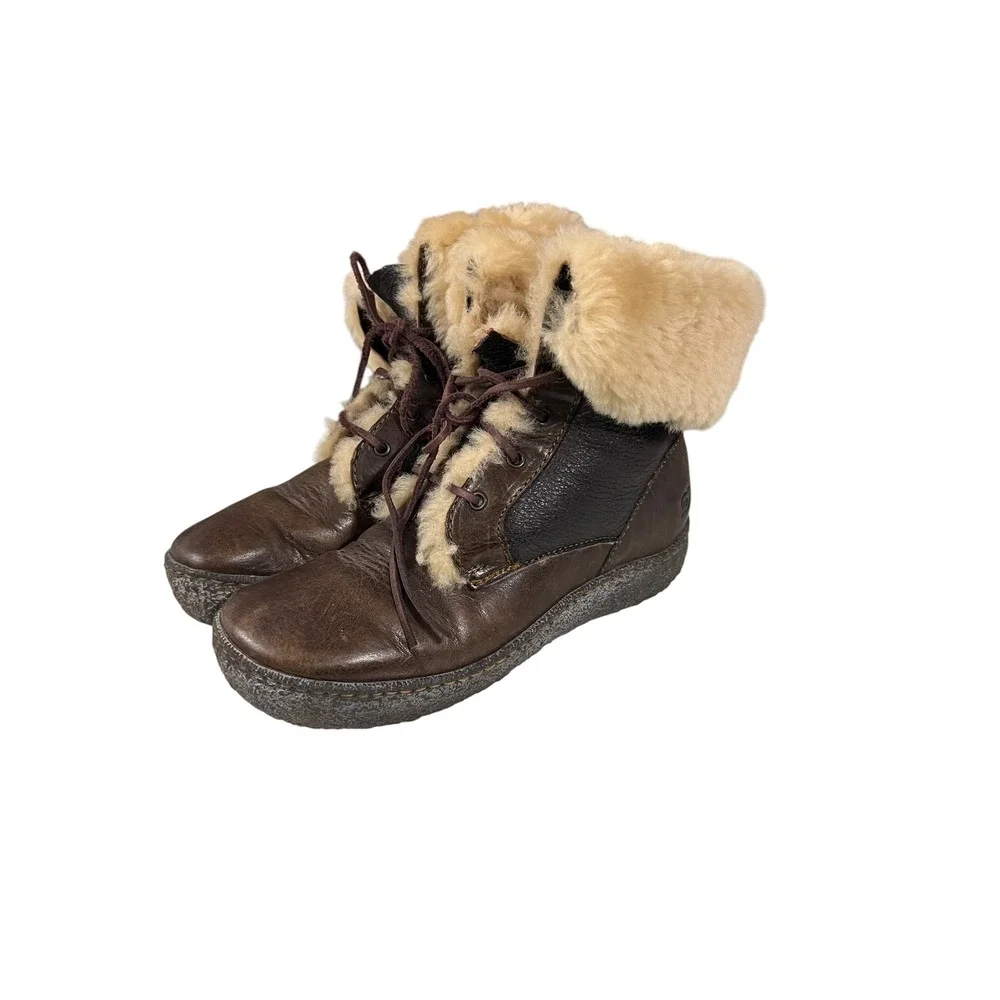 Born Brown Leather Shearling Cuff Lace Up Boots Women's Size 9